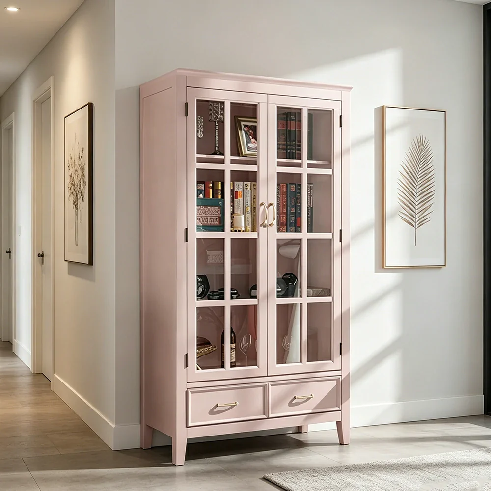 LUXORA Solid Wood 2 Door Display Cabinet with Glass Storage American Style Bookcase 100cm - Pink - Image 6