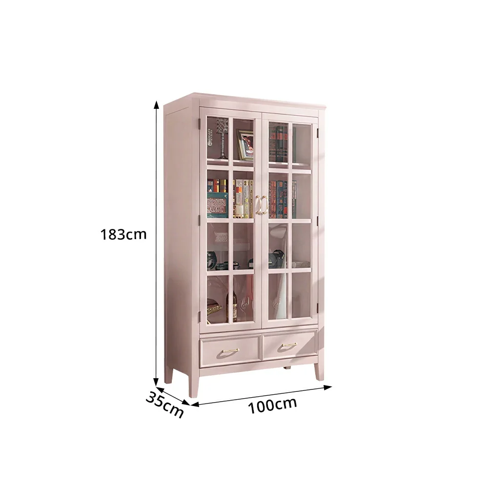 LUXORA Solid Wood 2 Door Display Cabinet with Glass Storage American Style Bookcase 100cm - Pink - Image 8