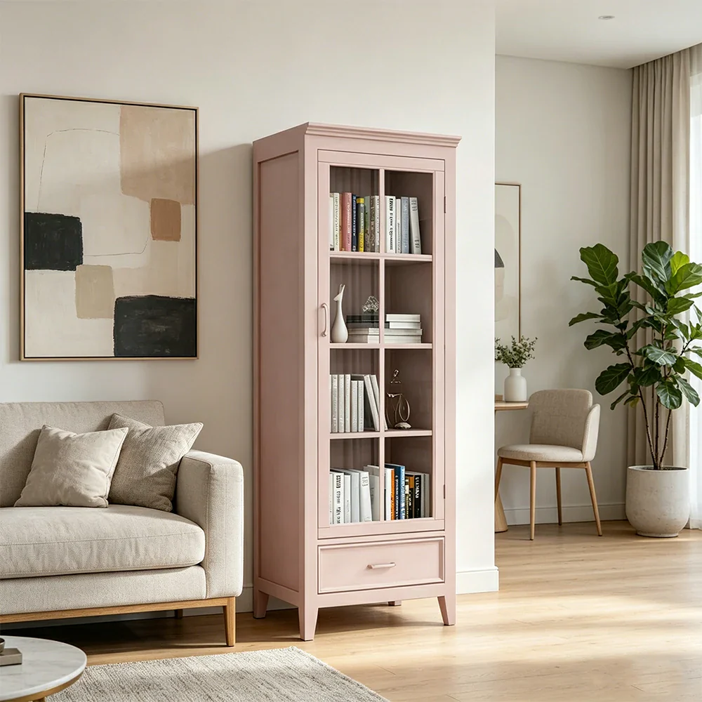 LUXORA Solid Wood Single Door Display Cabinet with Glass Storage American Style Bookcase 60cm - Pink - Image 2