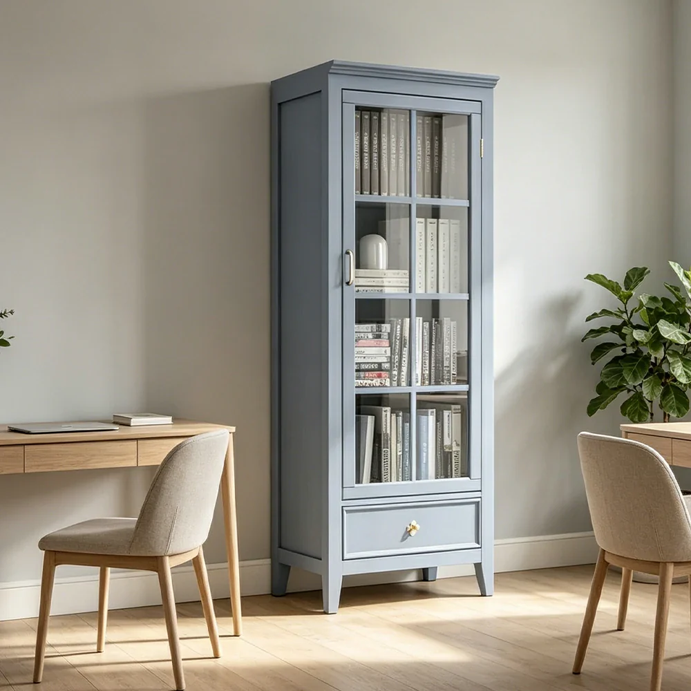 LUXORA Solid Wood Single Door Display Cabinet with Glass Storage American Style Bookcase 60cm - Blue - Image 6