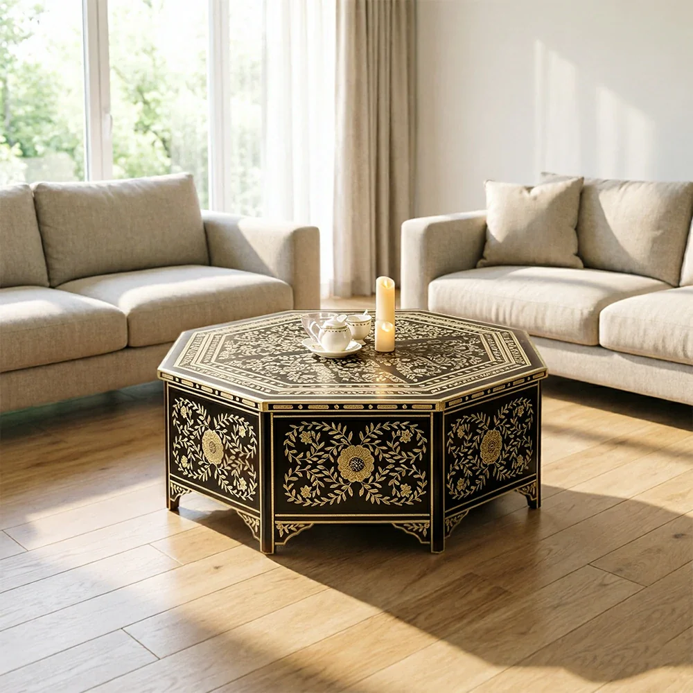 LUXORA Solid Wood Vintage Coffee Table Hand Painted Floral Accent Tea Table for Living Room 101cm - Black - Image 4