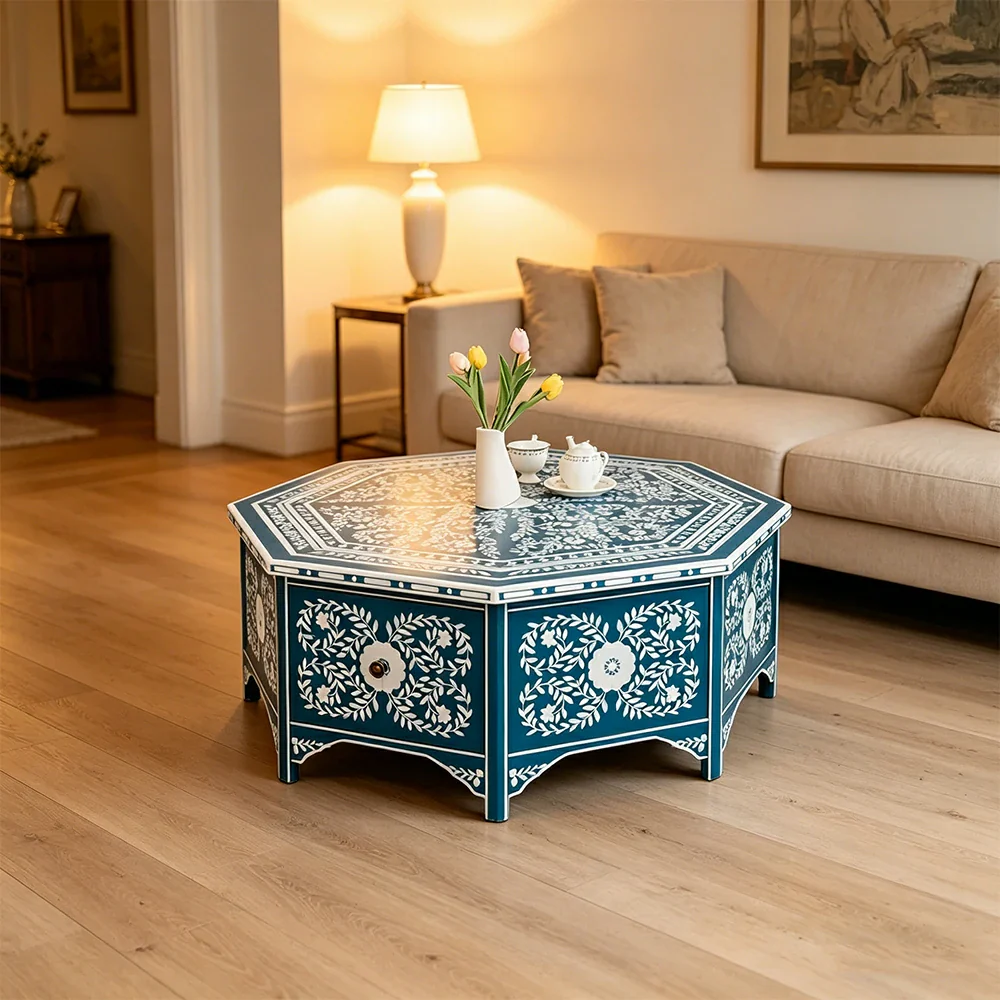 LUXORA Solid Wood Vintage Coffee Table Hand Painted Floral Accent Tea Table for Living Room 101cm - Blue - Image 2