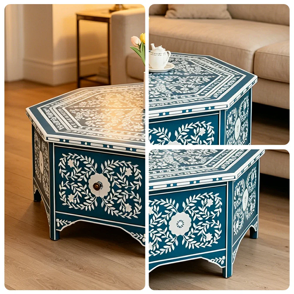 LUXORA Solid Wood Vintage Coffee Table Hand Painted Floral Accent Tea Table for Living Room 101cm - Blue - Image 3