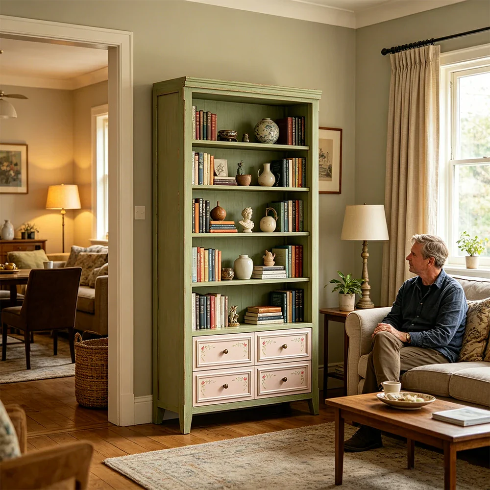 LUXORA Solid Wood Open Bookcase with Hand Painted Drawers Vintage Storage Cabinet 80/100cm - Moss Green - Image 7