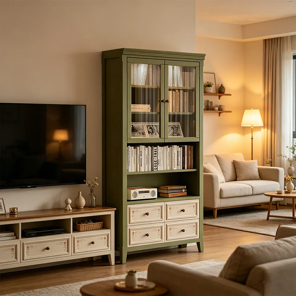 LUXORA Solid Wood Half Door Bookcase with Hand Painted Drawers Vintage Storage Cabinet 80/100cm - Moss Green - Image 5