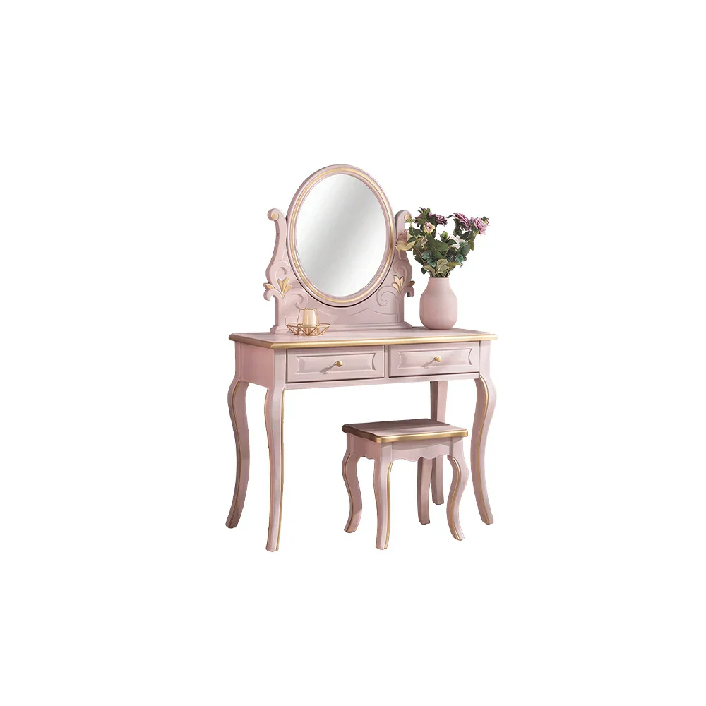 LUXORA Solid Wood Vanity Table Set with Adjustable Mirror and Stool French Style Makeup Desk 100cm - Pink
