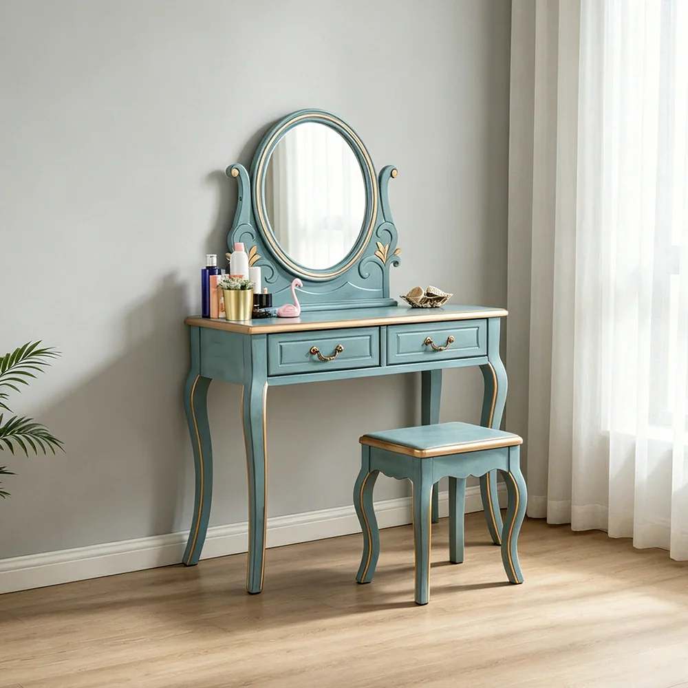 LUXORA Solid Wood Vanity Table Set with Adjustable Mirror and Stool French Style Makeup Desk 100cm - Blue - Image 4