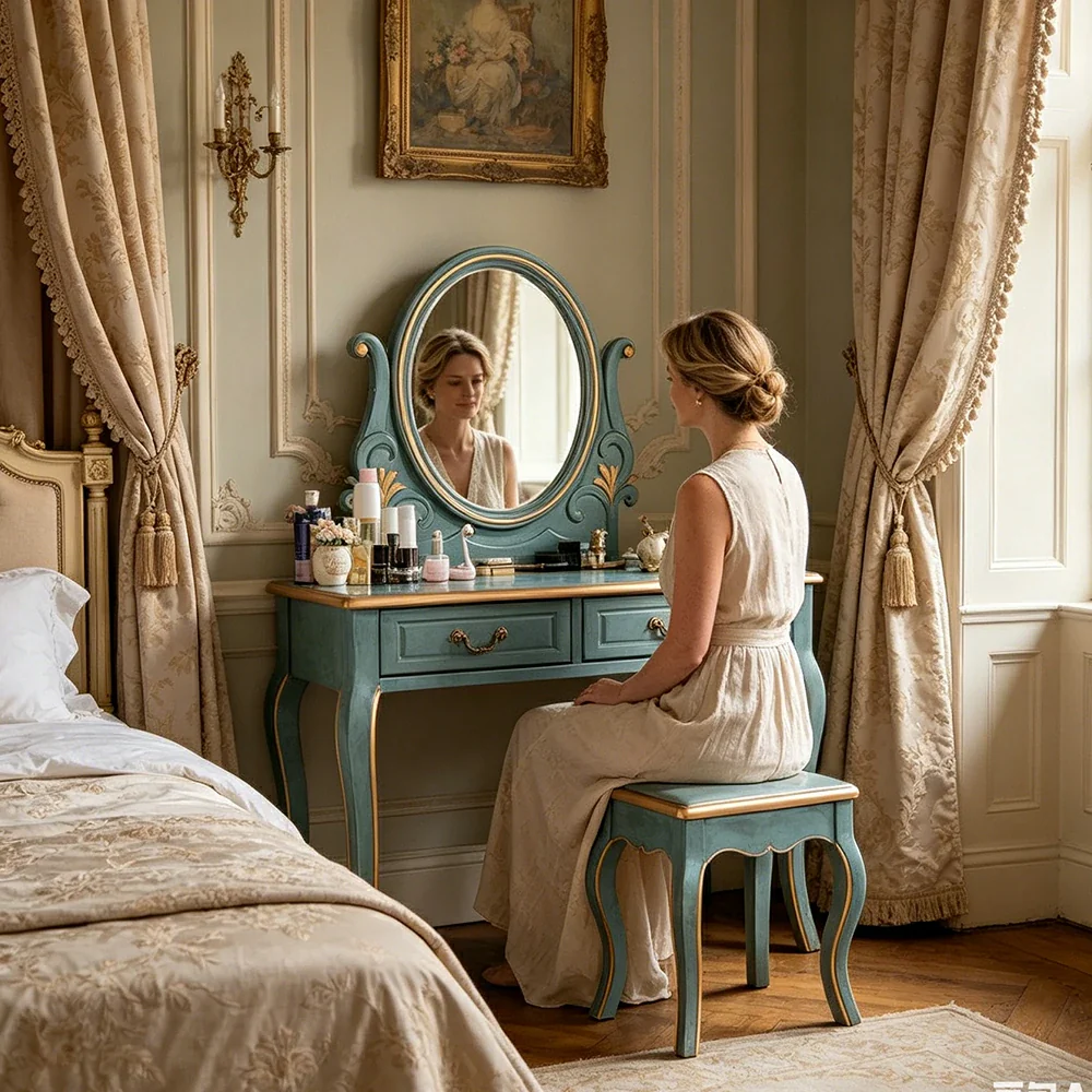 LUXORA Solid Wood Vanity Table Set with Adjustable Mirror and Stool French Style Makeup Desk 100cm - Blue - Image 7