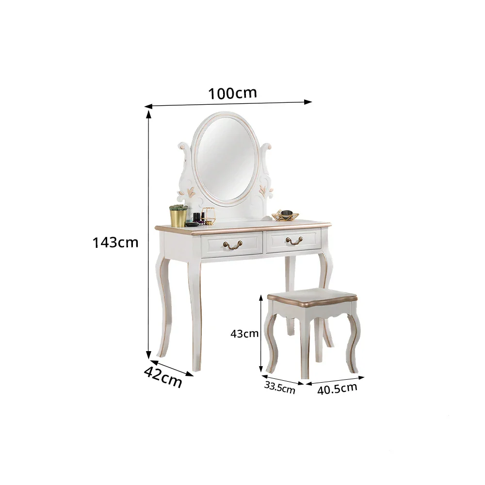 LUXORA Solid Wood Vanity Table Set with Adjustable Mirror and Stool French Style Makeup Desk 100cm - White - Image 8
