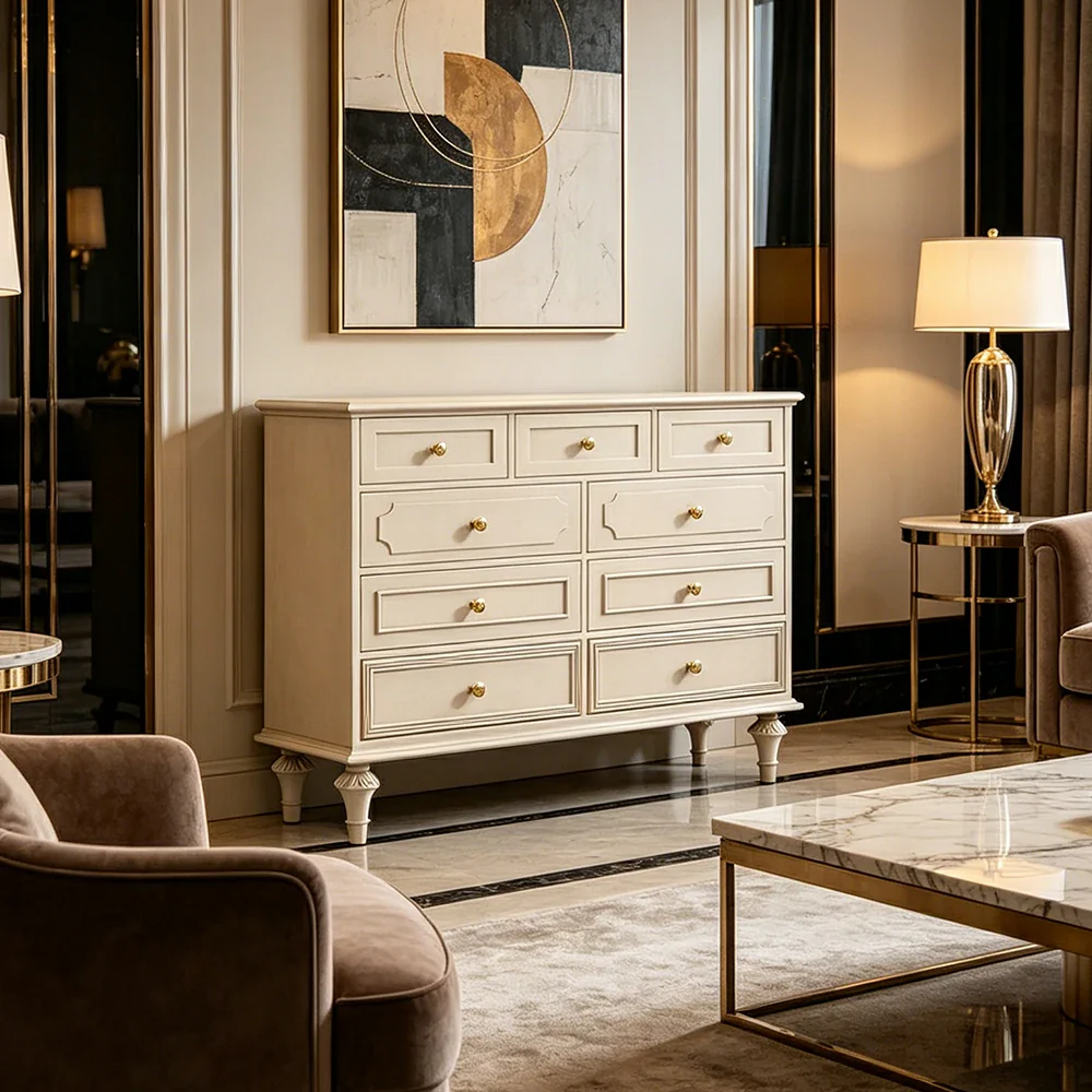 LUXORA Solid Wood 9 Drawer Dresser Vintage Storage Cabinet for Bedroom Living Room 120cm - Beige - Image 2