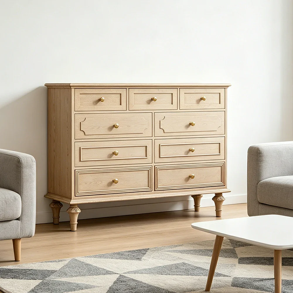 LUXORA Solid Wood 9 Drawer Dresser Vintage Storage Cabinet for Bedroom Living Room 120cm - Beige - Image 5