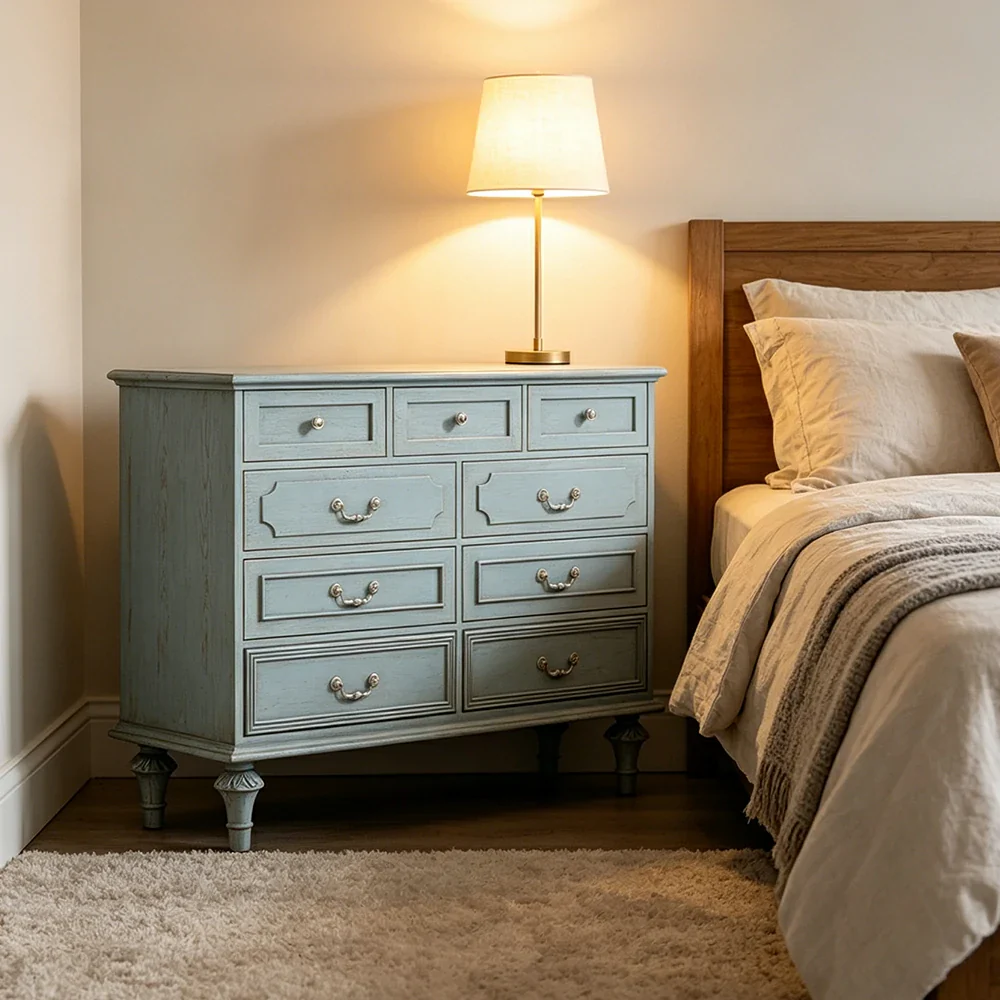 LUXORA Solid Wood 9 Drawer Dresser Vintage Storage Cabinet for Bedroom Living Room 120cm - Blue - Image 5