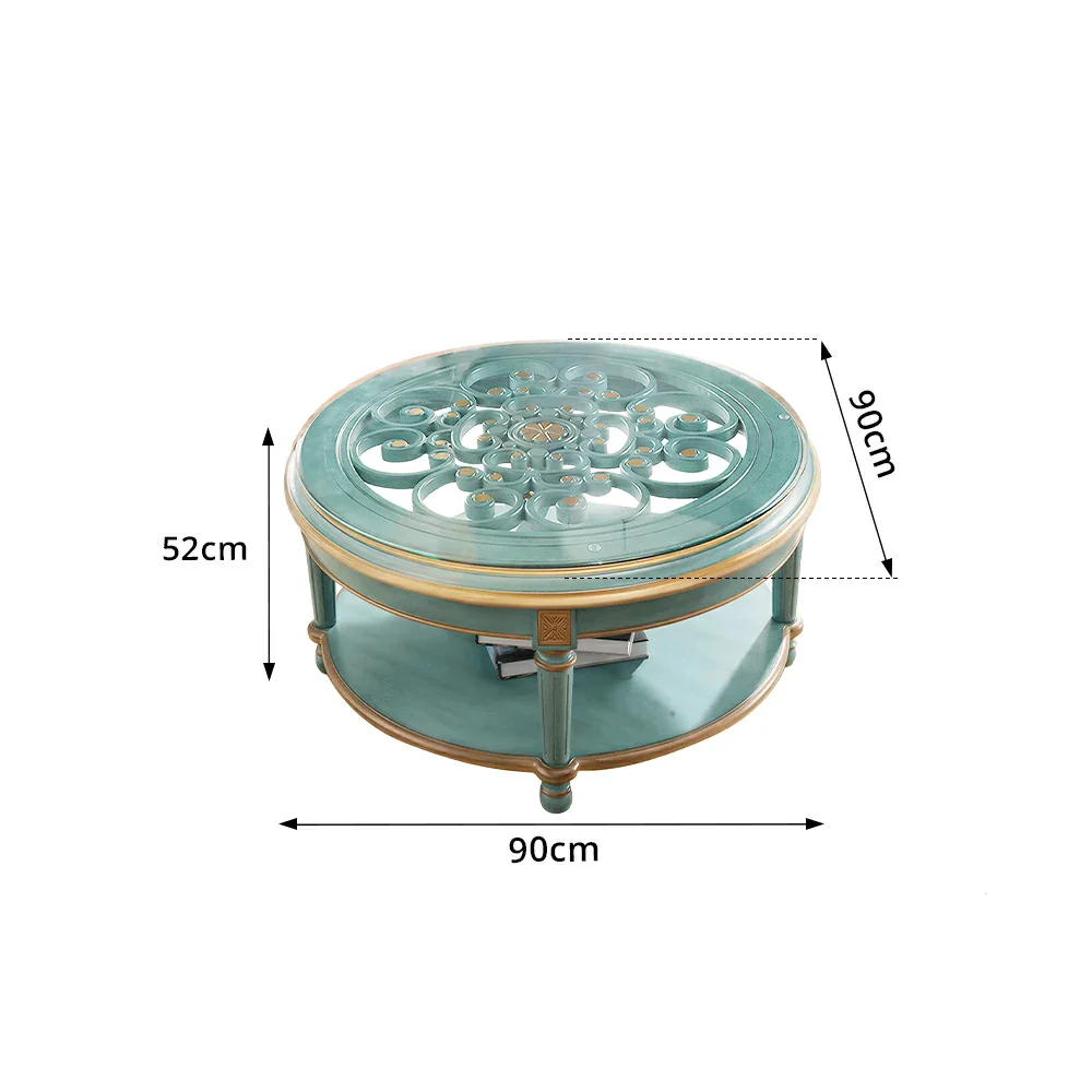 LUXORA 90/100cm Round Solid Wood Coffee Table with Glass Top Vintage Living Room Tea Table - Blue - Image 8