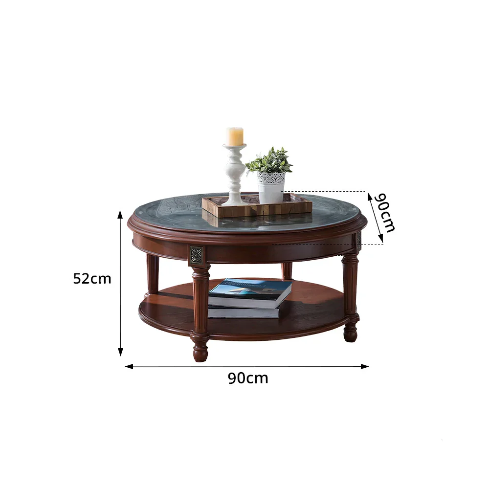 LUXORA 90/100cm Round Solid Wood Coffee Table with Glass Top Vintage Living Room Tea Table - Brown - Image 7