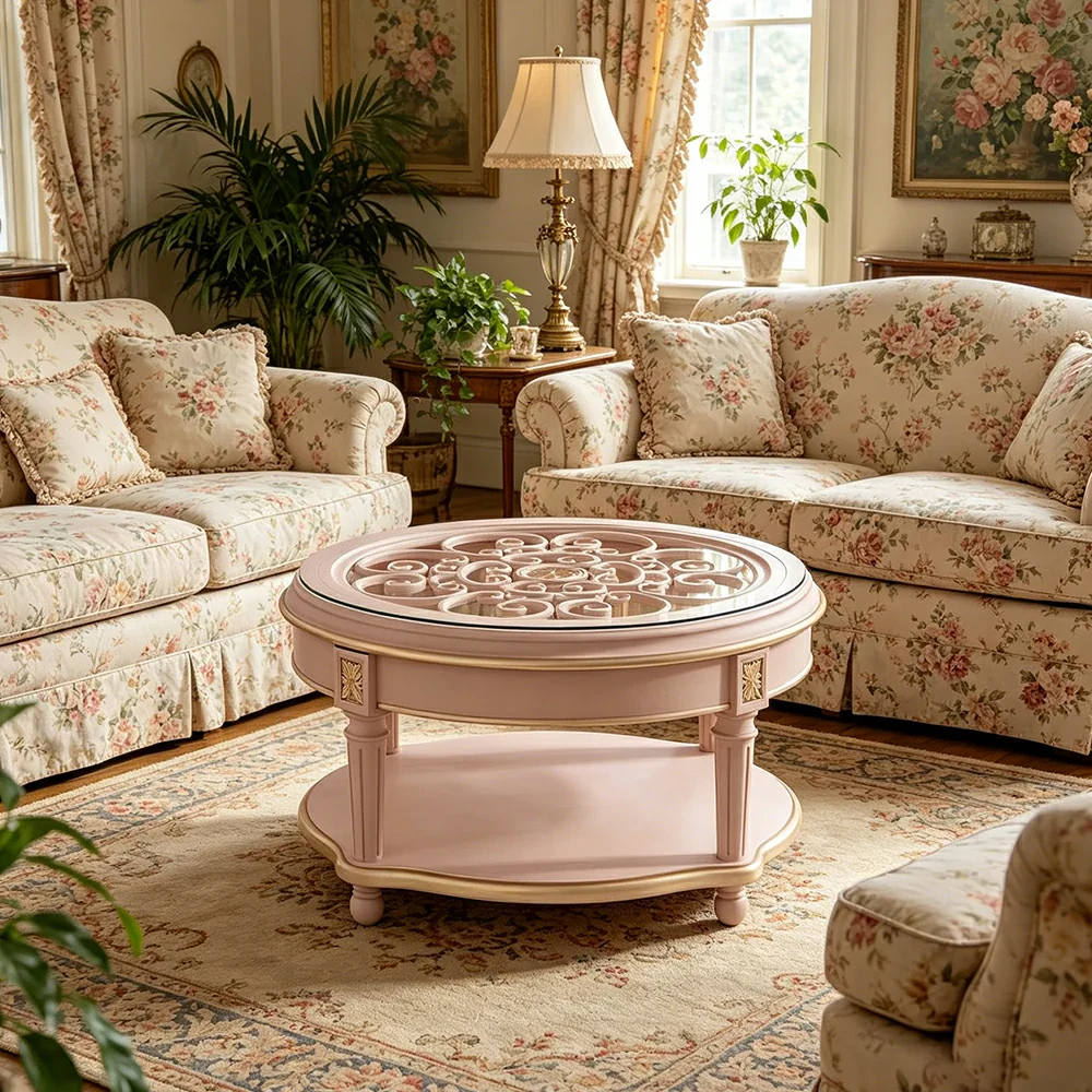 LUXORA 90/100cm Round Solid Wood Coffee Table with Glass Top Vintage Living Room Tea Table - Pink - Image 4