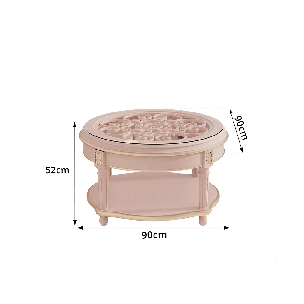 LUXORA 90/100cm Round Solid Wood Coffee Table with Glass Top Vintage Living Room Tea Table - Pink - Image 7