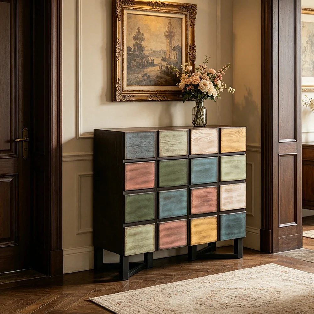 LUXORA Pine Wood Patchwork Storage Cabinet Decorative Organizer for Entryway Dining Area - Image 2
