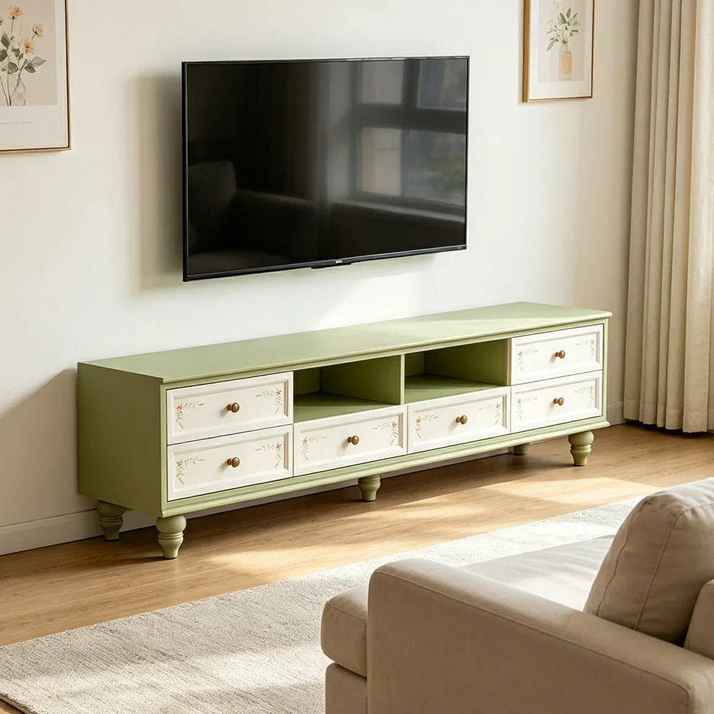 LUXORA Vintage Solid Wood TV Cabinet Handcrafted Storage Console for Living Room Entertainment Area - Green - Image 2