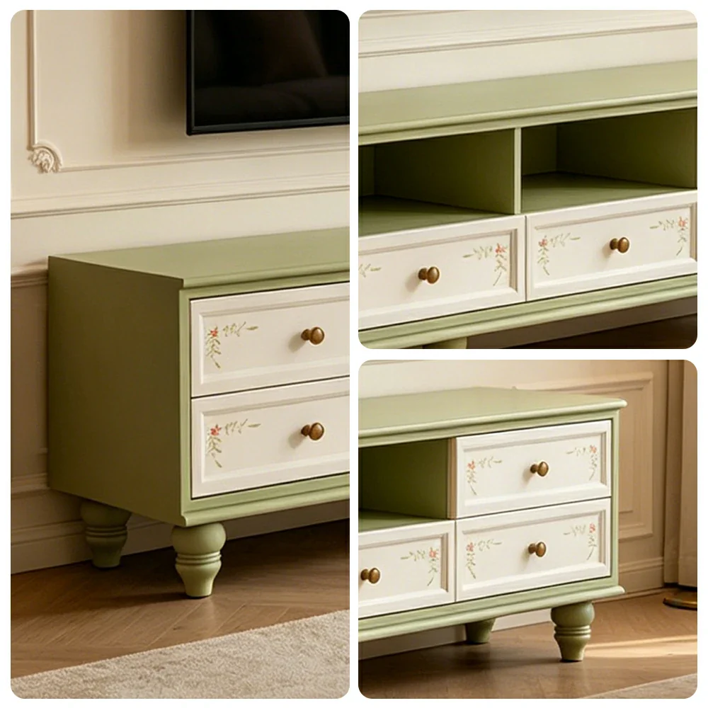 LUXORA Vintage Solid Wood TV Cabinet Handcrafted Storage Console for Living Room Entertainment Area - Green - Image 3