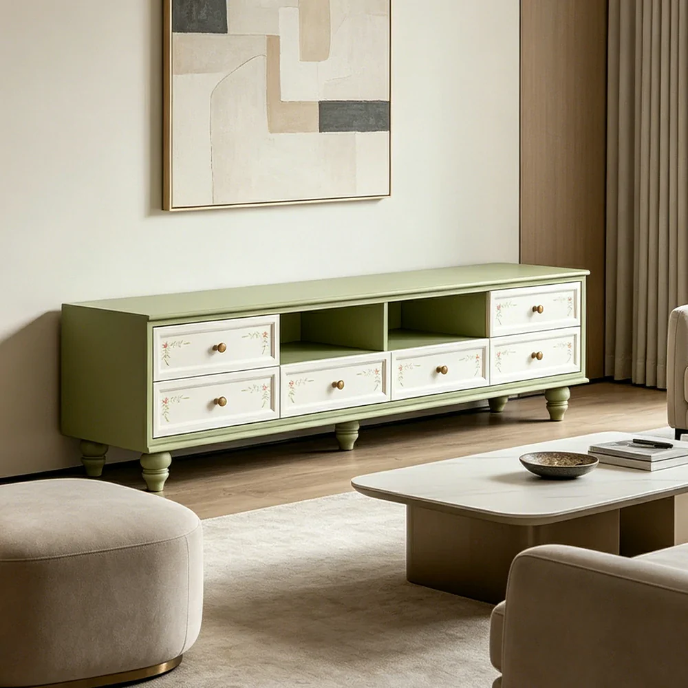 LUXORA Vintage Solid Wood TV Cabinet Handcrafted Storage Console for Living Room Entertainment Area - Green - Image 6