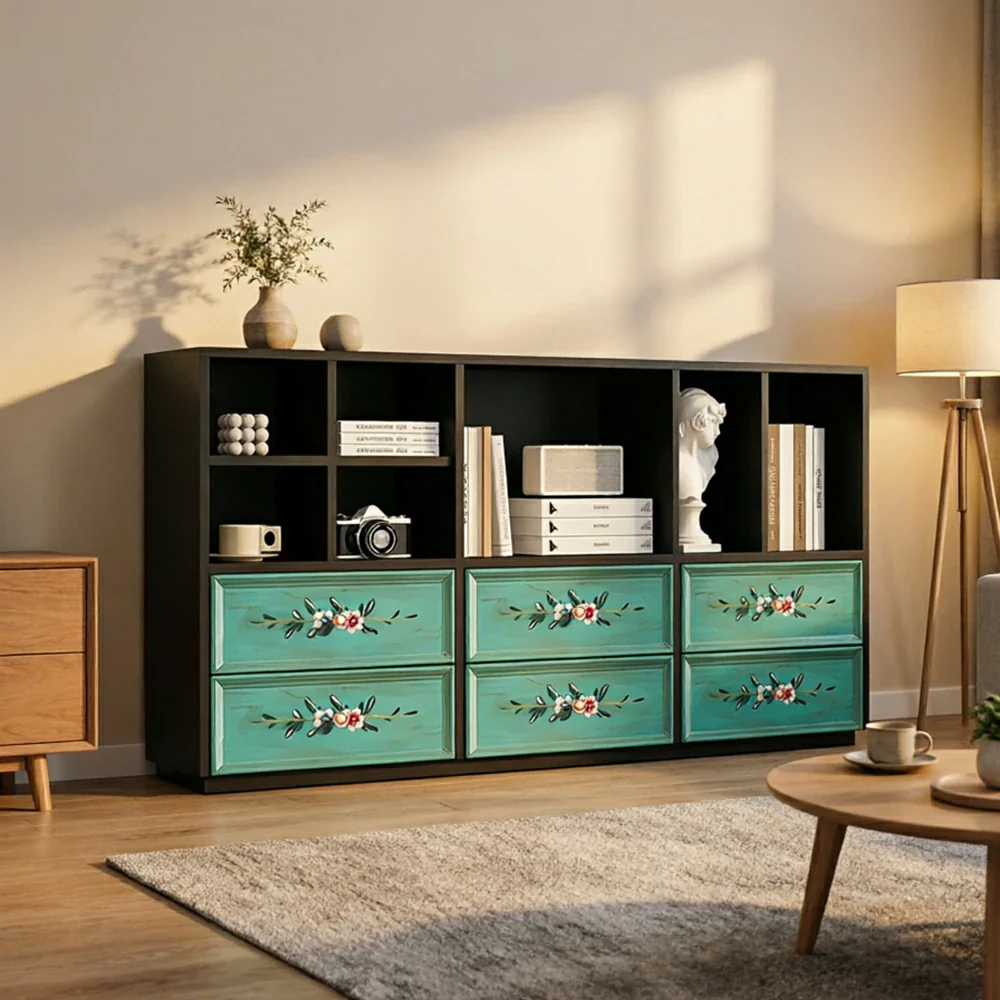 LUXORA Modular Storage Cabinet 6 Drawer Hand-Painted Organizer for Living Room Bedroom - Black - Image 4