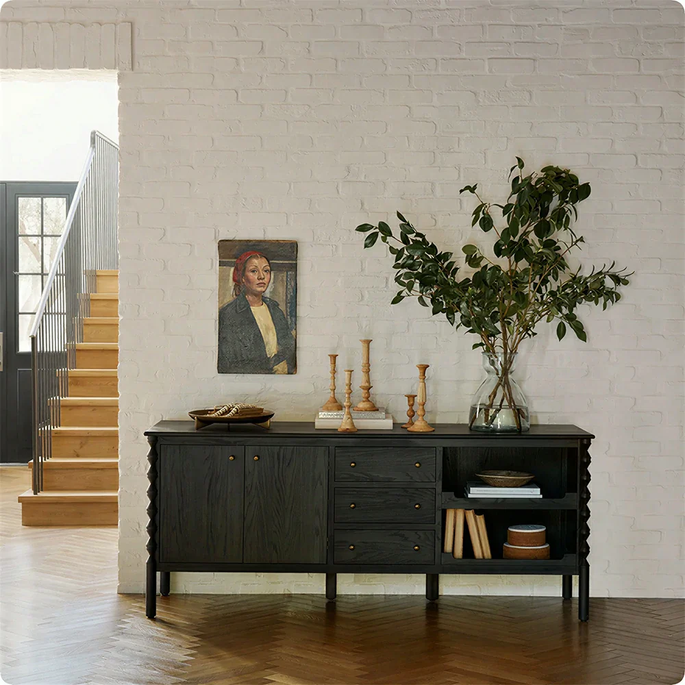 LUXORA French Natural Solid Wood Sideboard with Drawers - 190cm Dining Room Storage Cabinet - Black - Image 2
