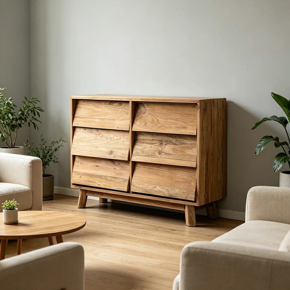 LUXORA Solid Wood Storage Cabinet Wooden Rails Built-in Handles 6 Drawer Cabinet for Living Room Bedroom Study - Image 2