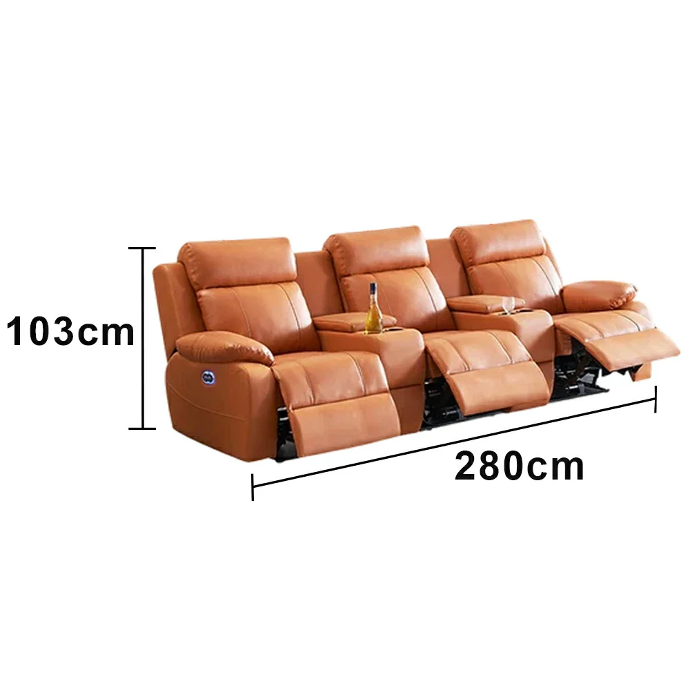 LUXORA 2.8/3.4m Triple Electric Home Theatre Recliner Sofa with Dual Centre Consoles Top-Grain Leather One-Touch Adjustable Backrest & Footrest - Brown - Image 5