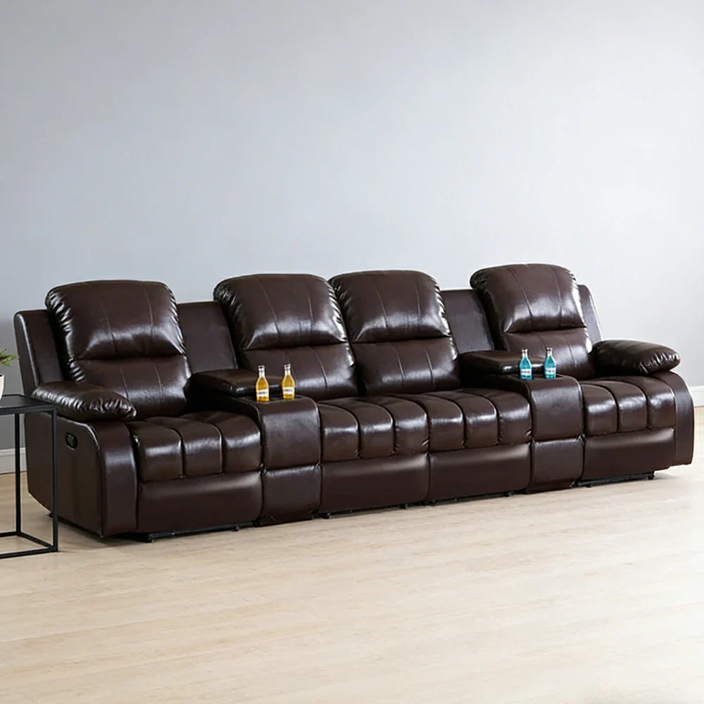 LUXORA 3.4/4.2m Quad Electric Home Theatre Recliner Sofa with Dual Centre Consoles Top-Grain Leather One-Touch Adjustable Backrest & Footrest - Black - Image 2
