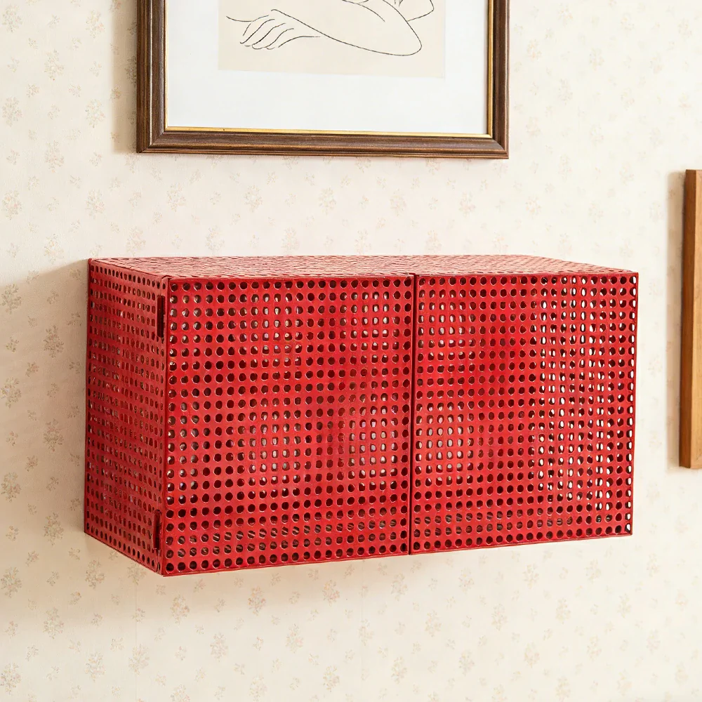 LUXORA Wall-Mounted Storage Cabinet - Magnetic Soft-Close System - Powder-Coated Steel Frame - Modern Perforated Mesh Design - Wine - Image 2