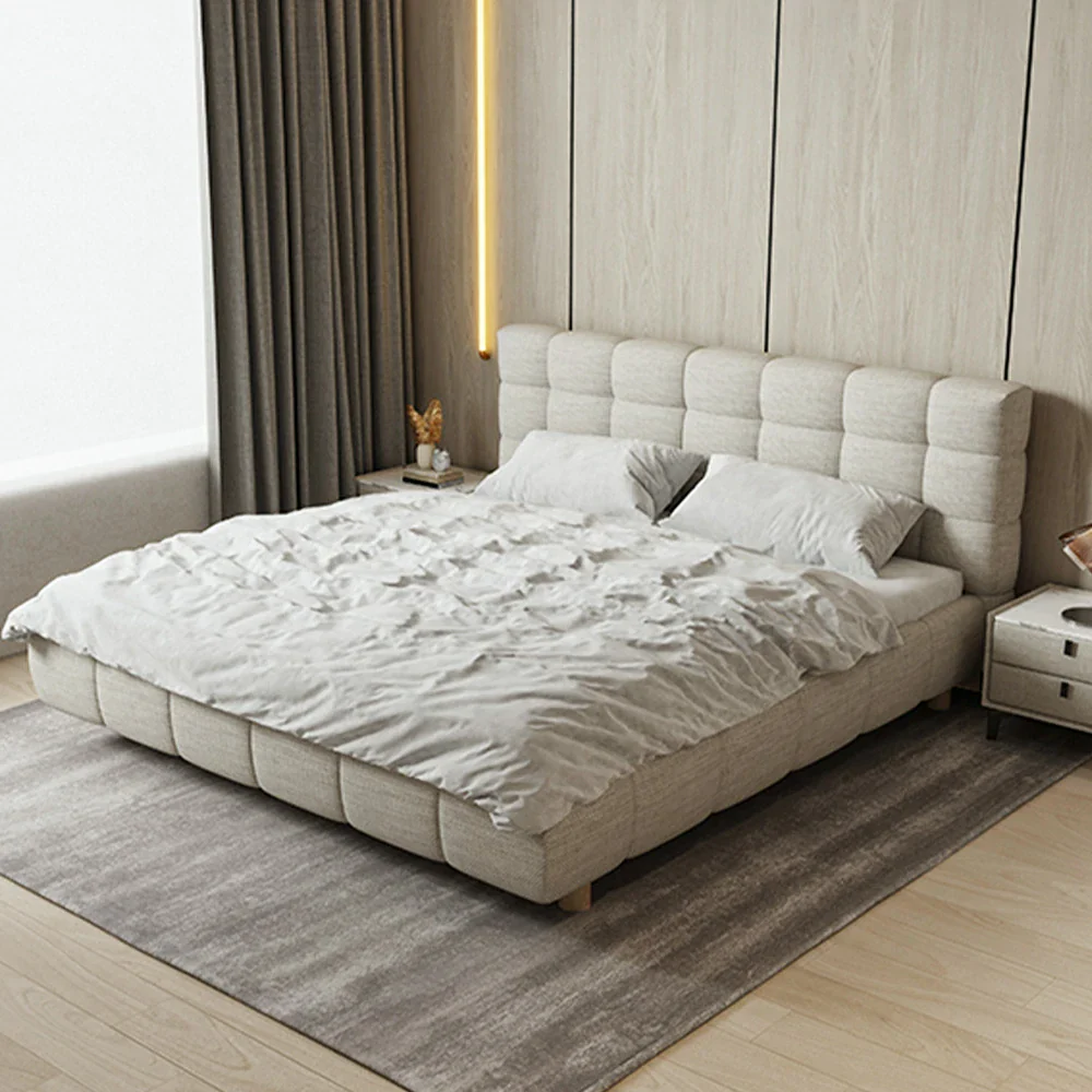 LUXORA Upholstered Bed Frame 150/180cm, Cotton-Linen & Solid Larch Wood, High Resilience Sponge & Anti-Slip Rails - Beige - Image 4