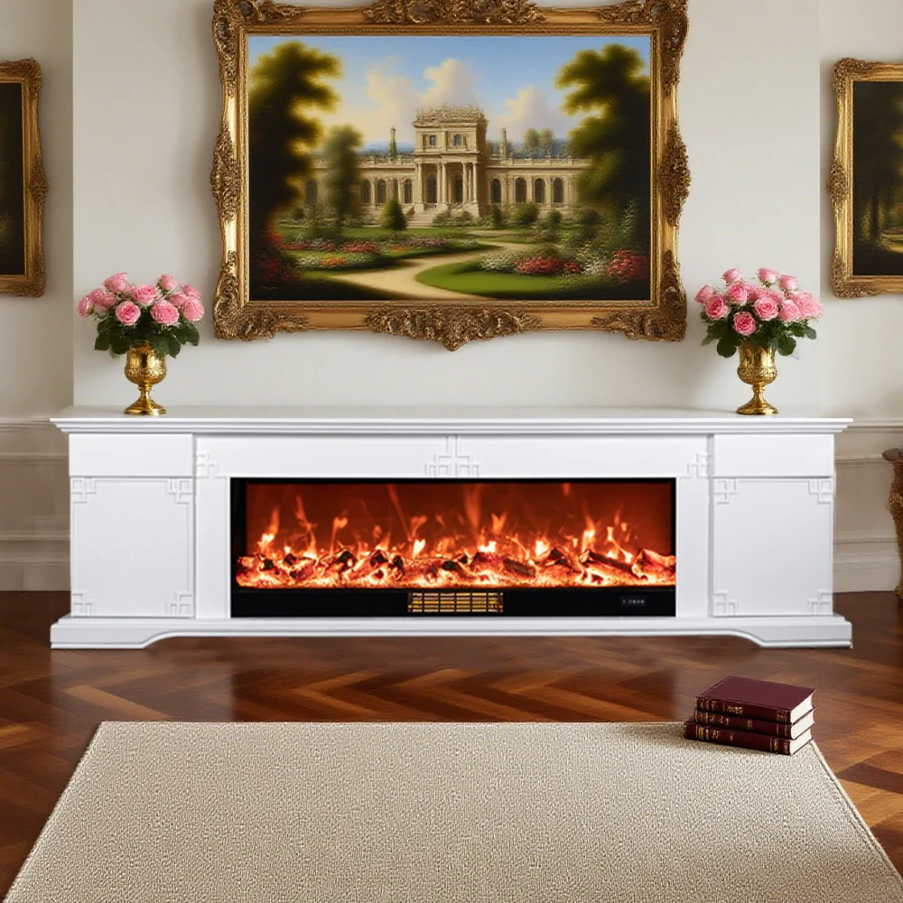 LIVARA 650S Electric Fireplace TV Cabinet - Solid Wood Frame with 3D Flame Effect, Dual Core Options 12W/750–1500W, Remote Control, Durable & Stylish Design - White - Image 2