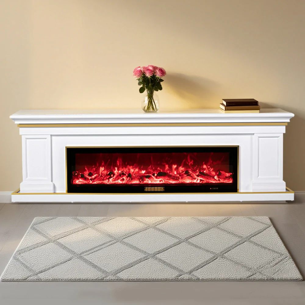 LIVARA 721 Electric Fireplace TV Cabinet – 180cm White Solid Wood Frame, 3D Flame Effect, Remote Control, Dual Core Options 12W/750–1500W - White - Image 9