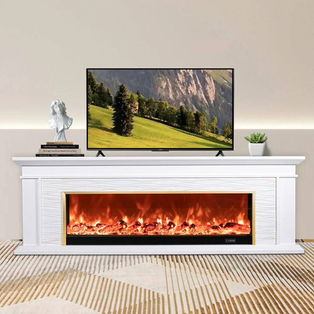 LIVARA 726 Electric Fireplace TV Cabinet – 180cm White Solid Wood Frame, 3D Flame Effect, Remote Control, Dual Core Options 12W/750–1500W - Image 2