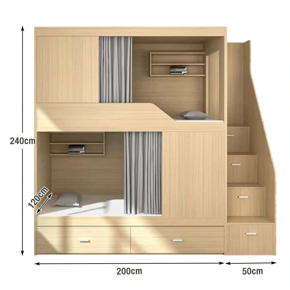 Installation Included LUXORA Dormitory Bunk Bed - 90/120cm Luxury Staircase Design, Eco-Friendly Board, Built-In Storage Shelves & Shoe Cabinet, Safe Guardrails - Natural Finish - Image 6