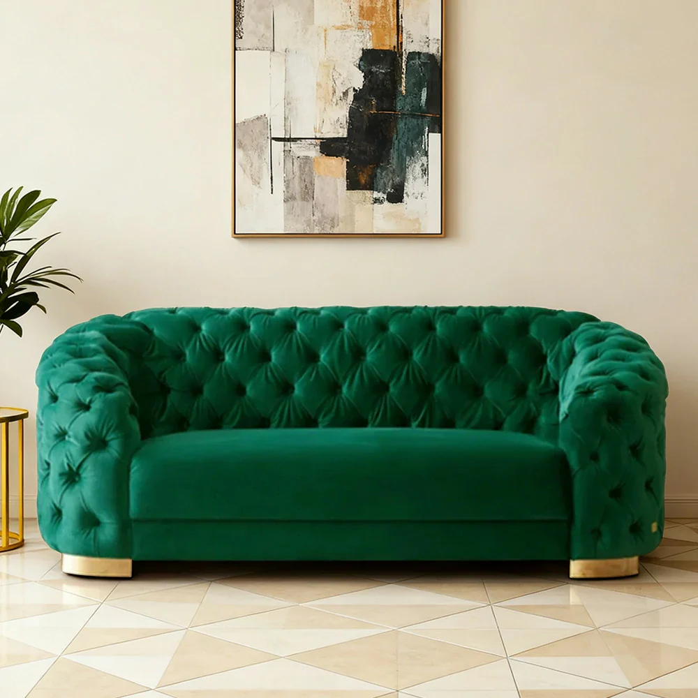 LUXORA Modern Sofa Soft Velvet Fabric Gold Stainless Steel Legs High-Density Foam Filling Curved Backrest - Green - Image 2