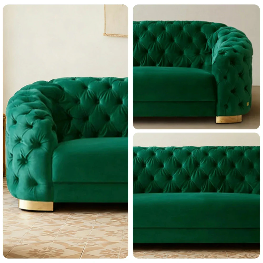 LUXORA Modern Sofa Soft Velvet Fabric Gold Stainless Steel Legs High-Density Foam Filling Curved Backrest - Green - Image 3
