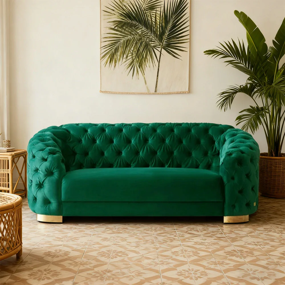 LUXORA Modern Sofa Soft Velvet Fabric Gold Stainless Steel Legs High-Density Foam Filling Curved Backrest - Green - Image 4