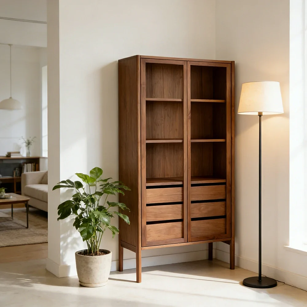 LUXORA Storage Cabinet - Natural Wood Grain, Sturdy High-Foot Design, Symmetrical Structure, Easy-to-Clean, Ideal for Living Room, Study, Bedroom - Walnut - Image 4
