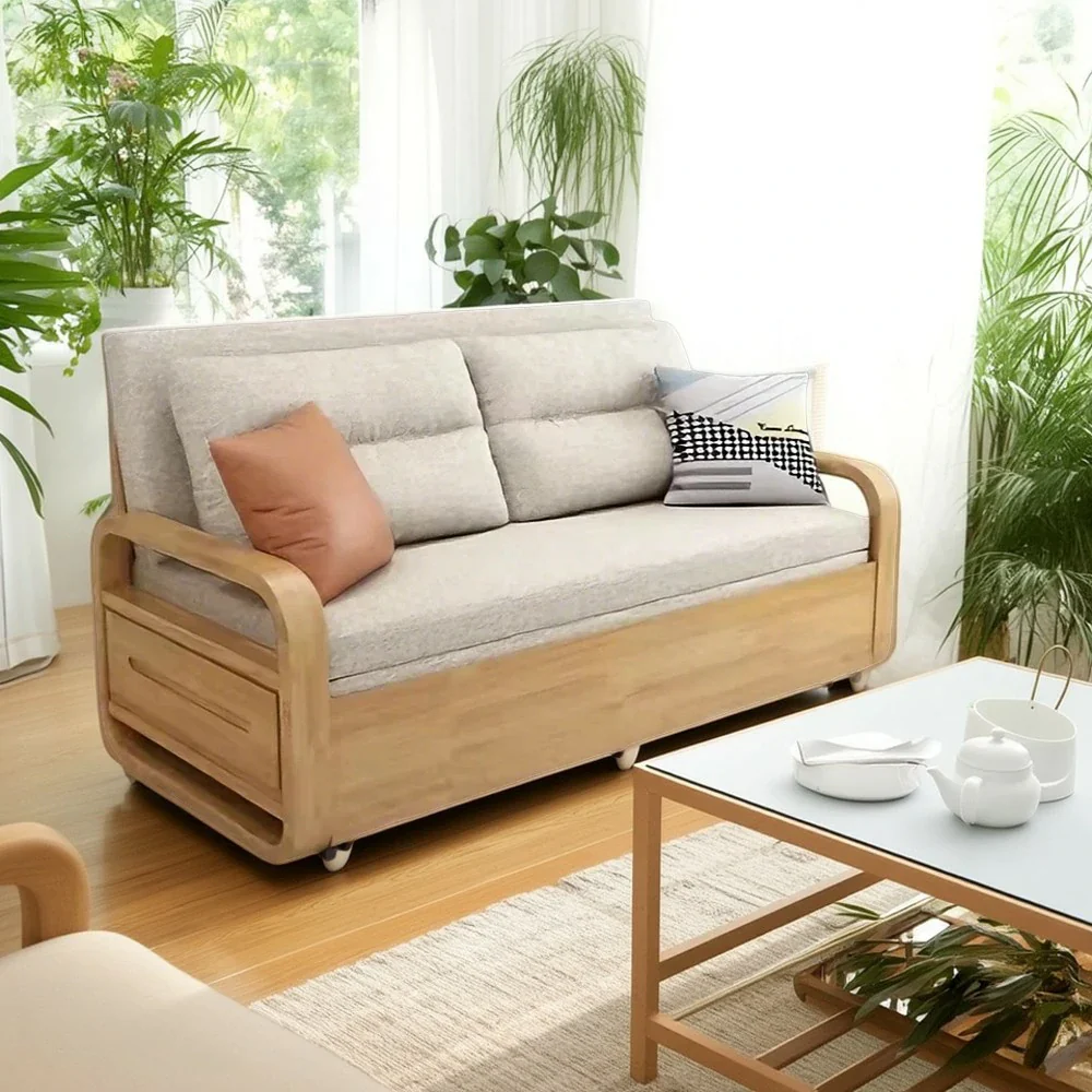 LUXORA 135/165cm Sofa Bed, Dual-Function Pull-Out Design, Cotton-Linen Upholstery, Solid Wood & Metal Frame, Quiet Rollers - Beige - Image 2