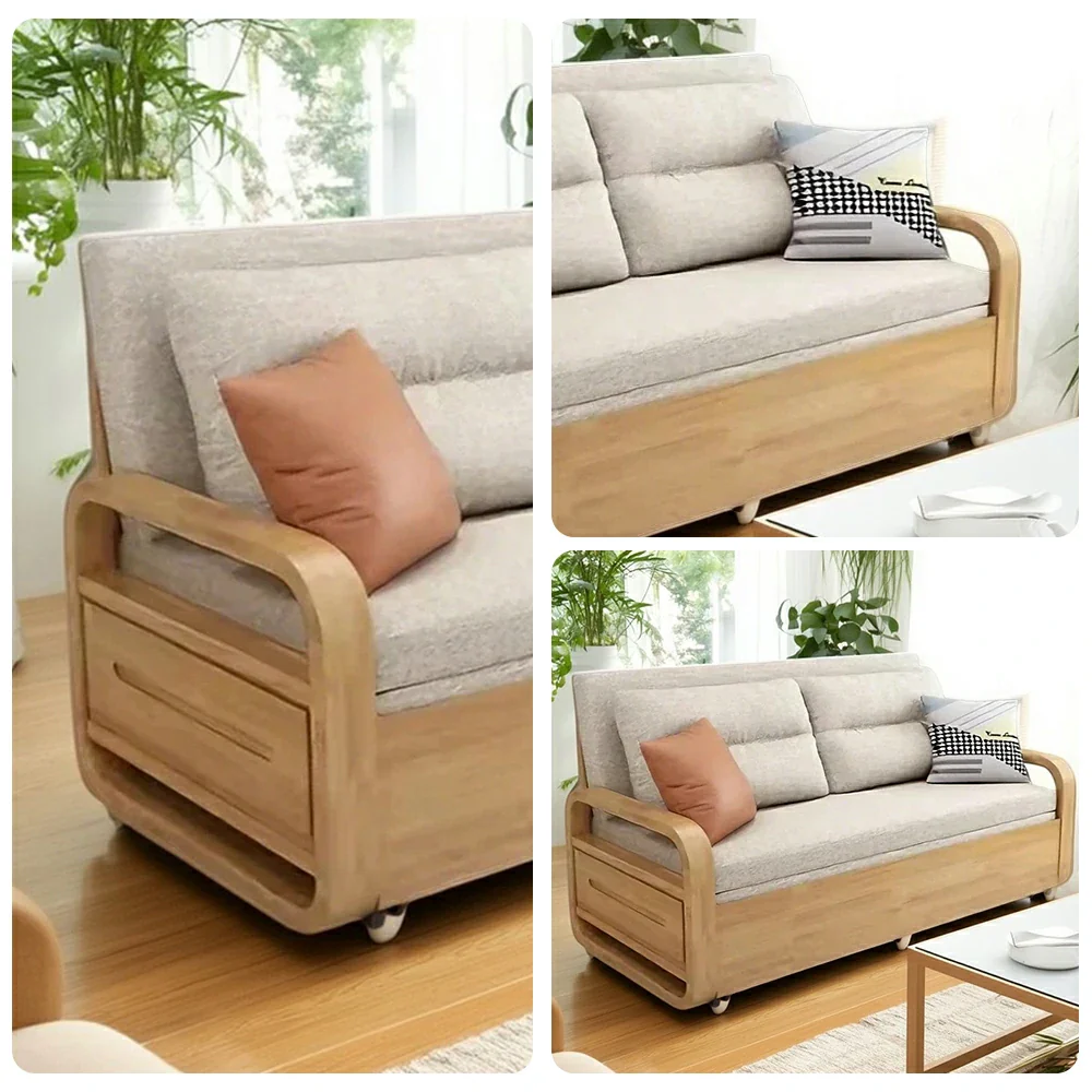 LUXORA 135/165cm Sofa Bed, Dual-Function Pull-Out Design, Cotton-Linen Upholstery, Solid Wood & Metal Frame, Quiet Rollers - Beige - Image 3