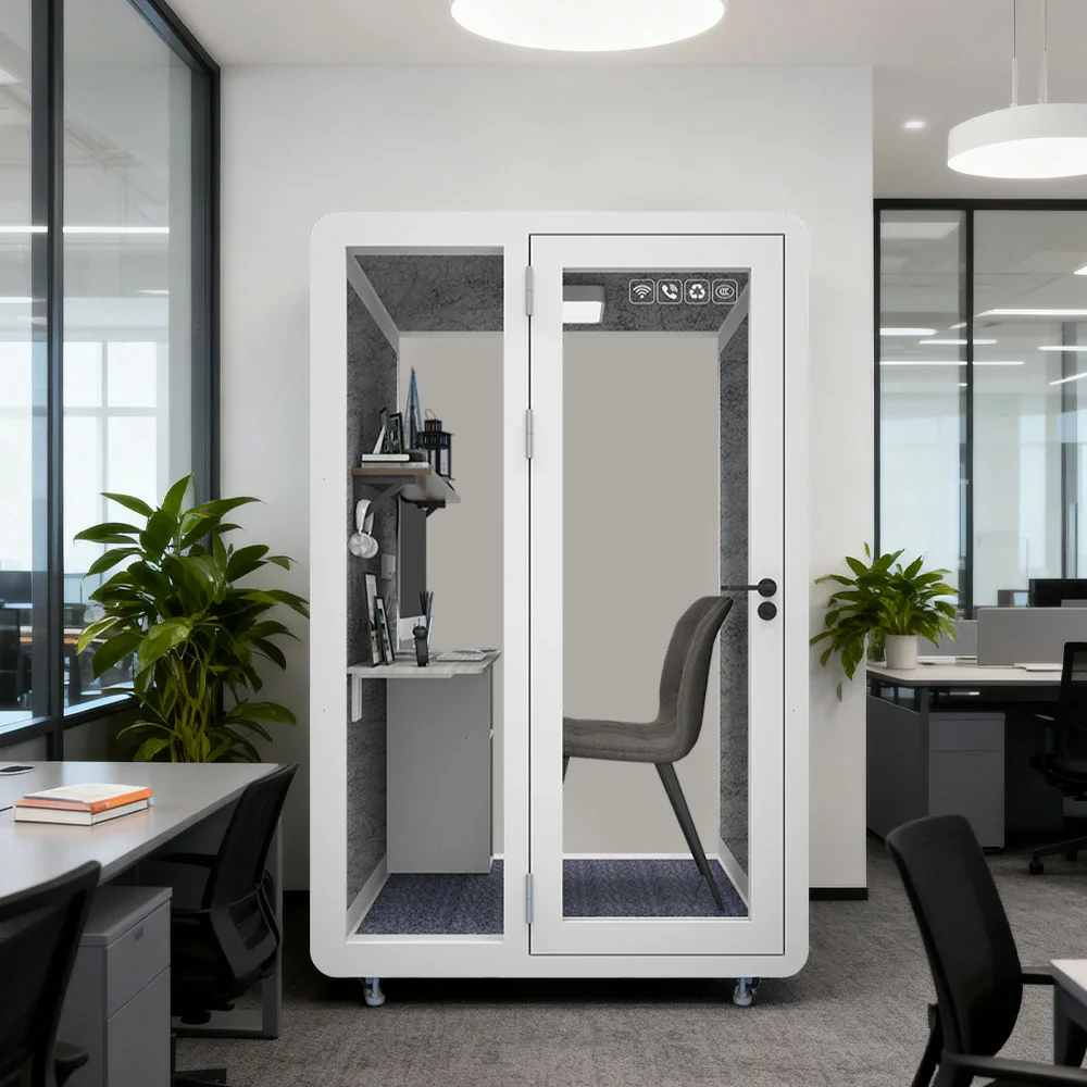 MODERA MWK-141221 Wood Grain 1.4x1.2m Soundproof Office Meeting Booth w/ Lighting, Ventilation & Casters - White - Image 2