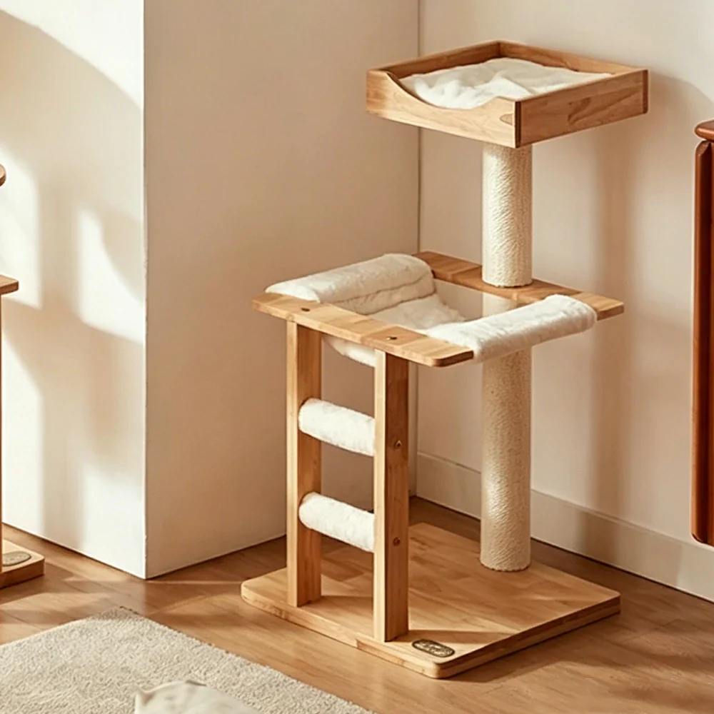 PAWORA Cloud Cat Tree - Solid Wood Eco-Painted Multi-Level Tower with Hammock & Scratching Post - Natural Wood - Image 4