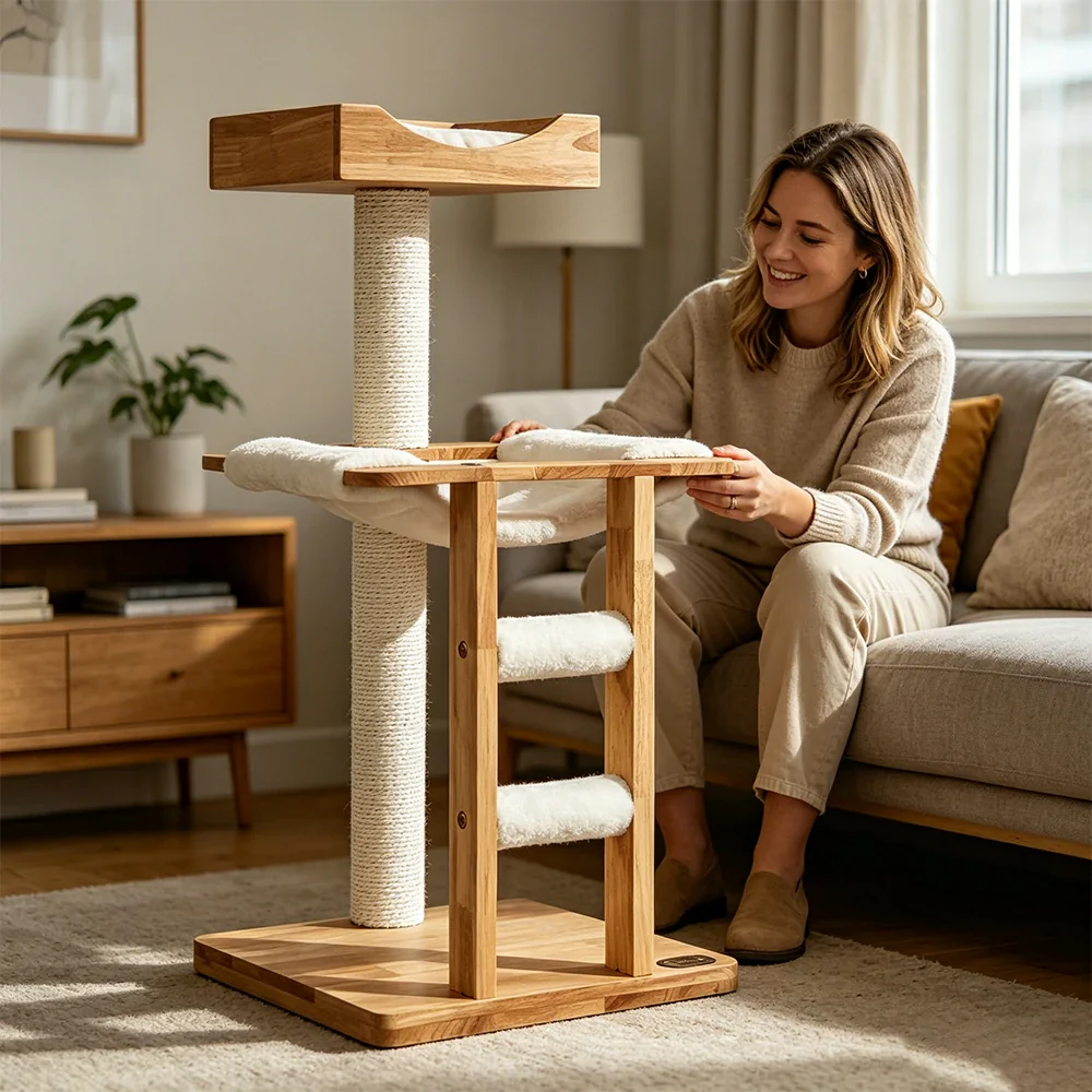 PAWORA Cloud Cat Tree - Solid Wood Eco-Painted Multi-Level Tower with Hammock & Scratching Post - Natural Wood - Image 6