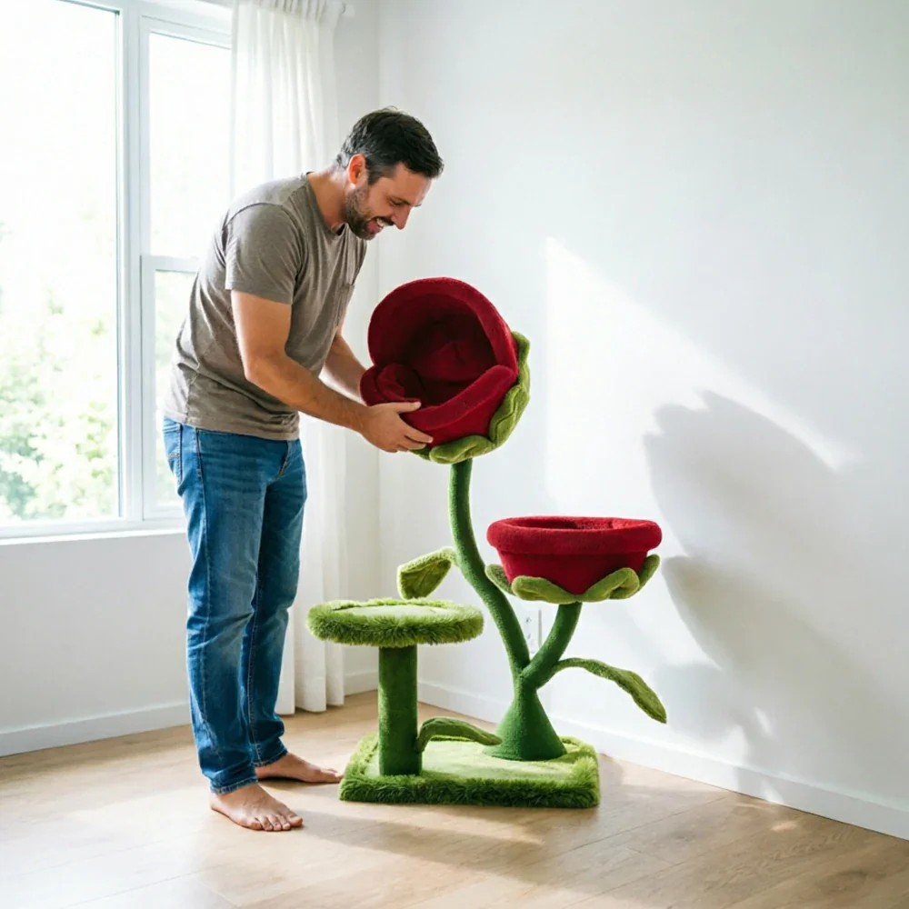 PAWORA Twin Piranha Flower Cat Tree - 129cm Plant-Style Cat Condo with Dual Beds and Sisal Posts - Red & Green - Image 6
