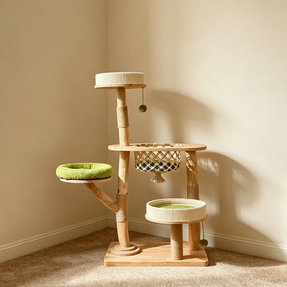 PAWORA Oak Wood Cat Tree - 139cm Solid Wood Cat Condo with Hammock and Multi-Level Platforms - Natural & Green - Image 2