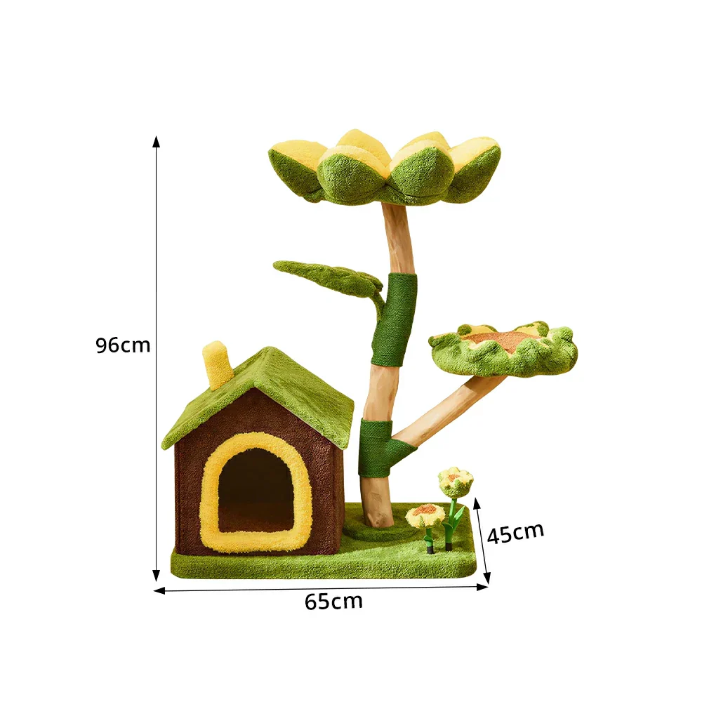 PAWORA Sunflower Cottage Cat Tree - 96cm Garden-Style Cat Condo with Natural Wood Posts - Green & Yellow - Image 7