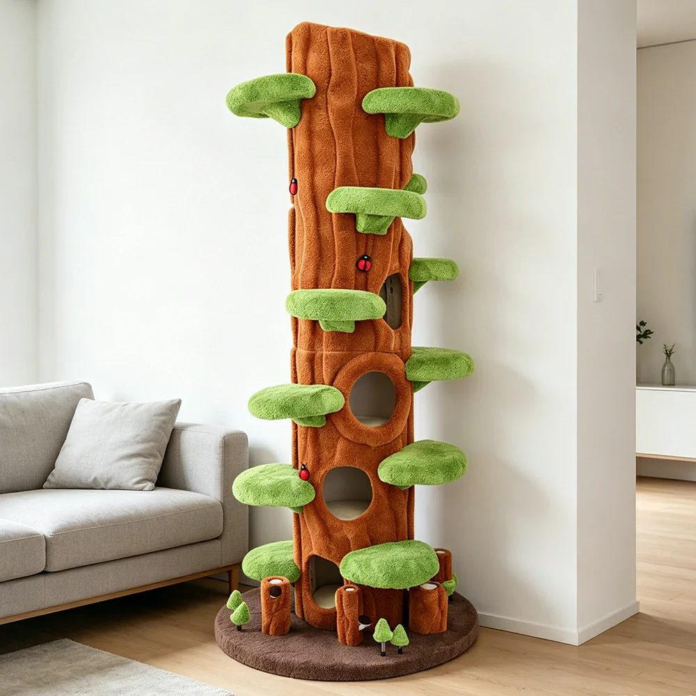 PAWORA Spring Sky Tree Cat Tree - 230cm Tall Multi-Level Cat Condo with Tree Trunk Design - Green & Brown - Image 6