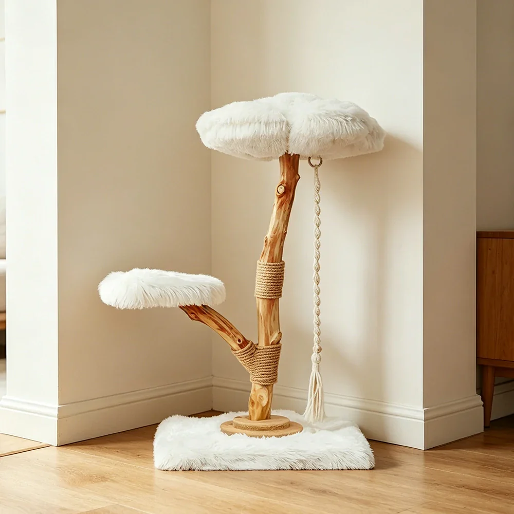 PAWORA Cloud Flower Wood Cat Tree - 95cm Two-Level Solid Wood Cat Tower with Plush Platforms - White - Image 4