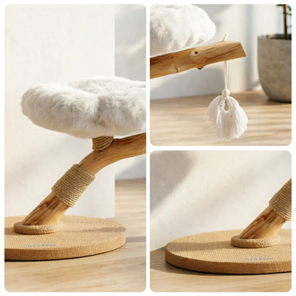 PAWORA Cloud Flower Wood Cat Tree - 48cm Single-Level Solid Wood Cat Perch with Plush Platform - White - Image 3